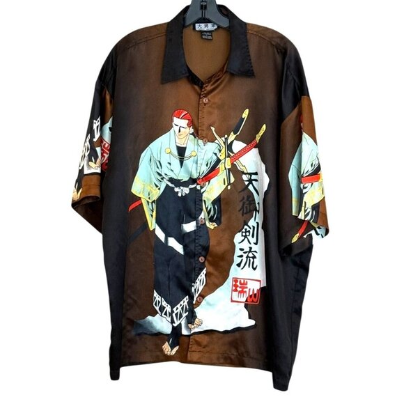 Great General Men's Samurai Swordsman Short Sleeve Shirt Brown Black Size L - Picture 1 of 6